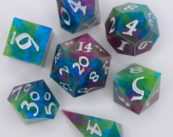 Trippy Rainbow Swirl Resin Dice Set | Handmade Sharp Edge TTRPG Dice (7 Piece)