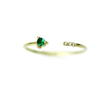 Emerald Open Ring / Emerald Ring Gold / Natural Emerald Ring / Genuine Emerald Ring / 14K Solid Gold Ring with Natural Emerald and Diamond