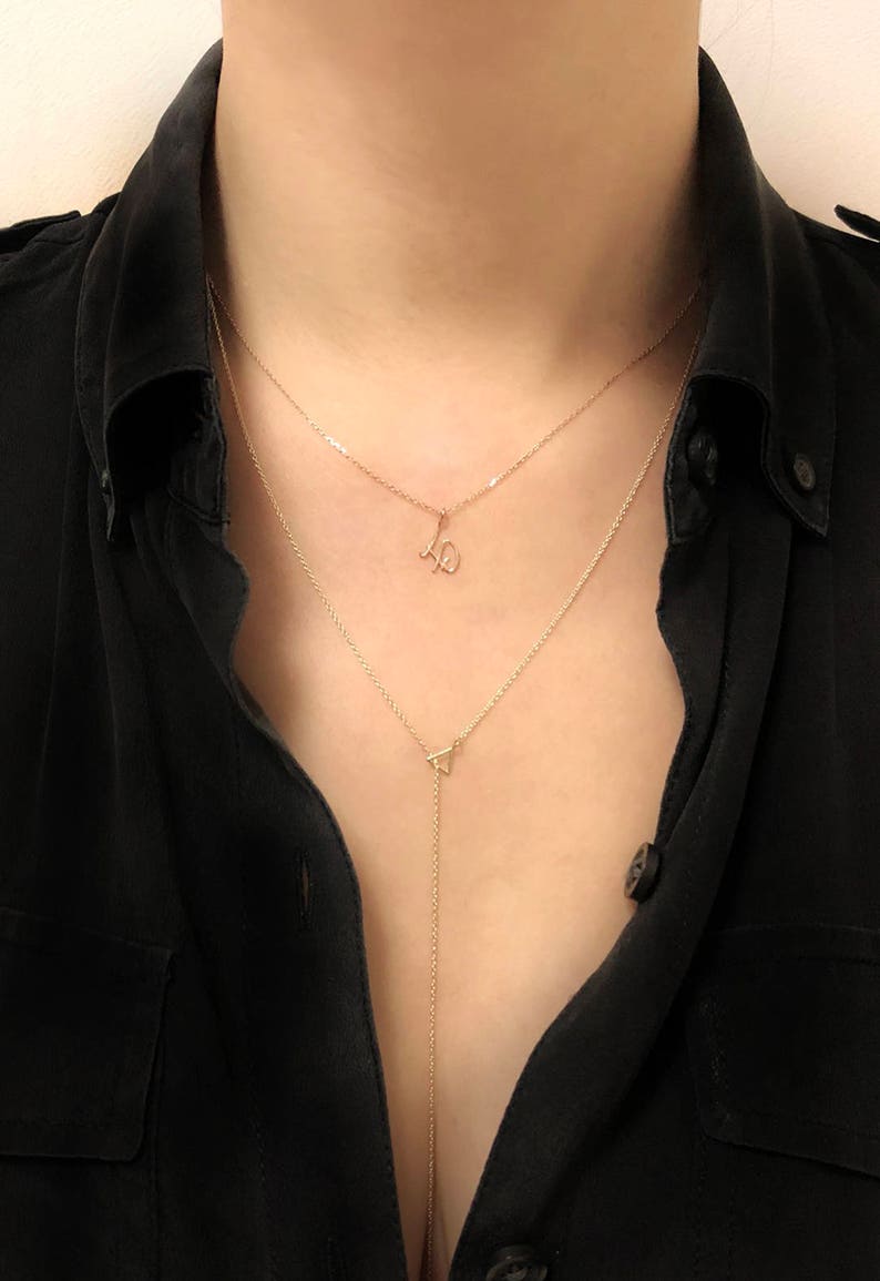 Triangle Lariat Necklace / 14K Solid Gold Necklace / Gold Y Necklace / Triangle Necklace / 14K Delicate Necklace / Gold Lariat Y Necklace image 2