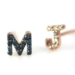 Blue Diamond Initial Earrings, Letter Earrings, 14K Solid Gold Earring, Christmas Gift, Personalized Earring, Blue Diamond Letter Earring