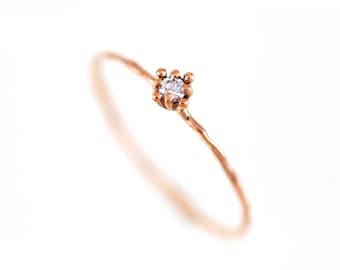 14K Gold Diamond Flower Ring, Thin Band, Handmade