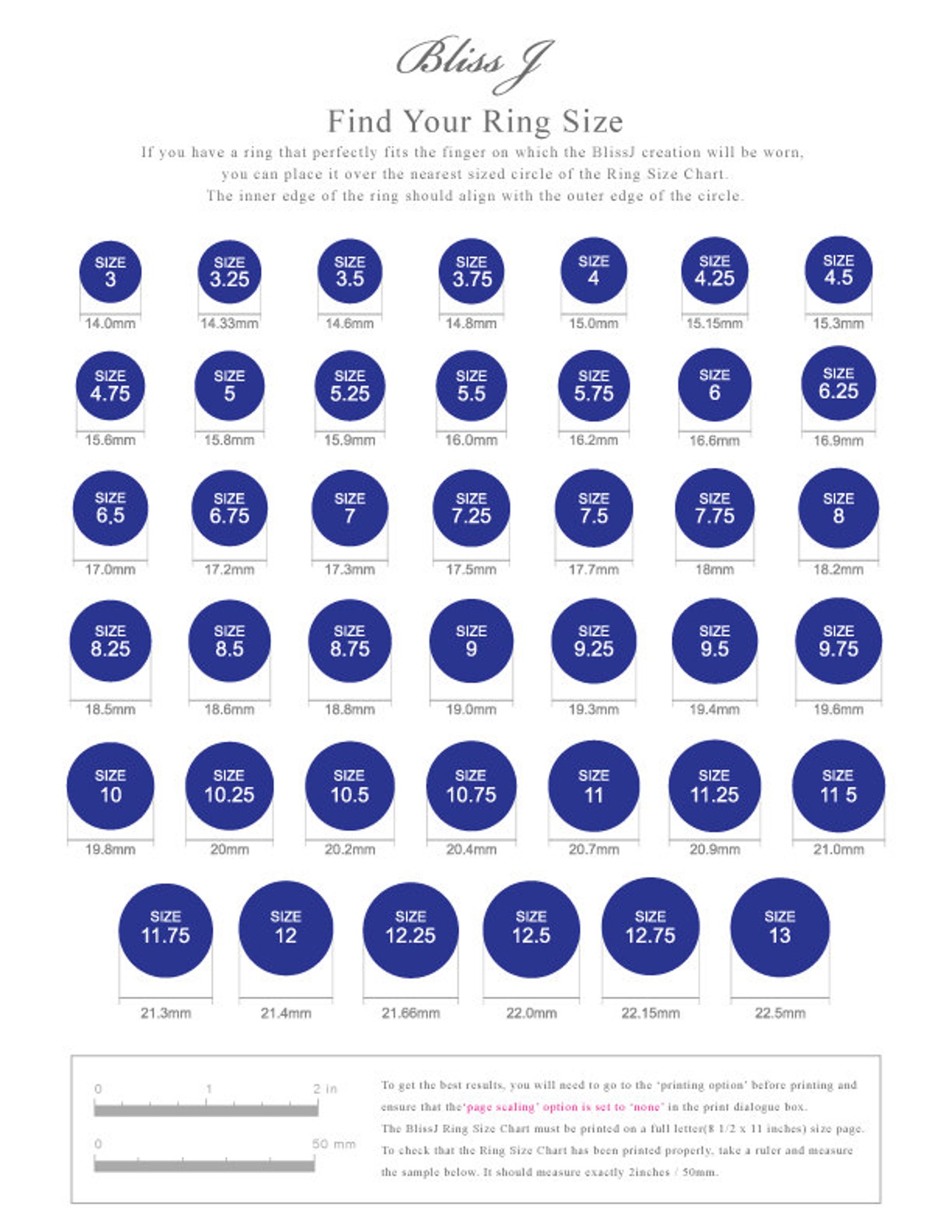 True To Size Ring Chart