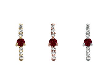 14K solid gold ruby & diamonds bar Earring, Ruby, diamond earring, Gold earring, Gold piercing, diamond, Ruby piercing, bar earring