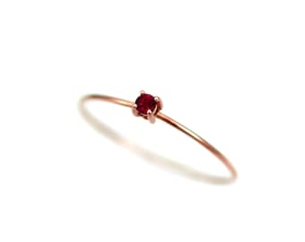 Dainty 14k Gold Natural Ruby Ring, Thin Solitaire Stacking Ring