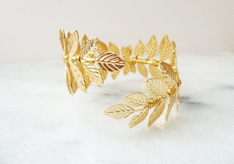 Gold Leaf Bracelet Bridal Jewelry Laurel Cuff Bangle Grecian Etsy