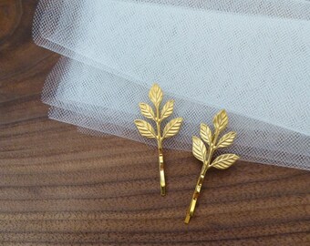 Bridal Bobby Pins Gold Leaf Hair Clips Bride Bridesmaid Botanical Garden Rustic Woodland Wedding Accessories Womens Gift For Her Autumn Fall