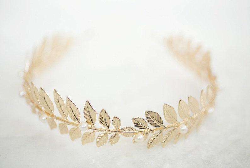 Gold Laurel Leaf Tiara Pearl Crown Bridal Headpiece Grecian - Etsy