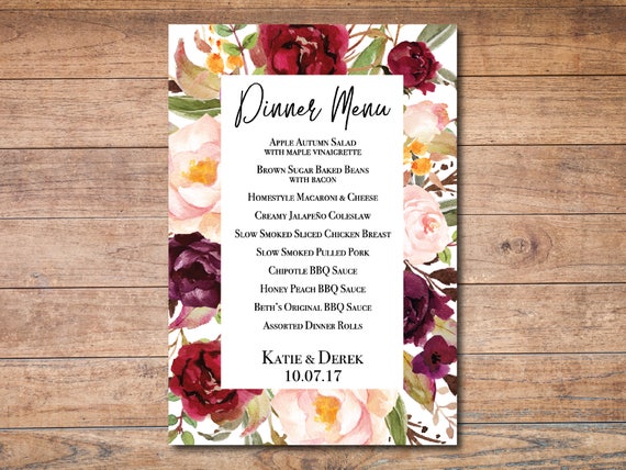 fall floral dinner menu editable menu template custom menu cards wedding menu modern wedding marsala wedding fall menu templates
