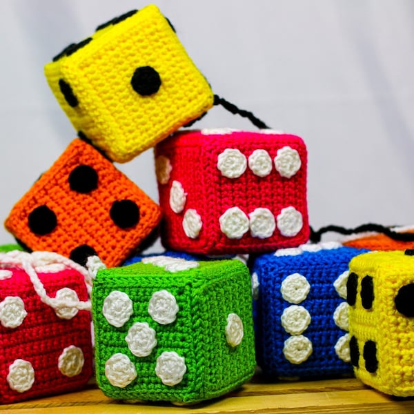 Hanging 3” (7.62 cm) crocheted mirror dice.