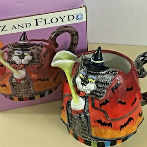 Kitty Witches Pitcher, Fitz and Floyd , Halloween, cat, witch, witch hat, bats, cape, collectable, ceramic, holiday, decoration image 1