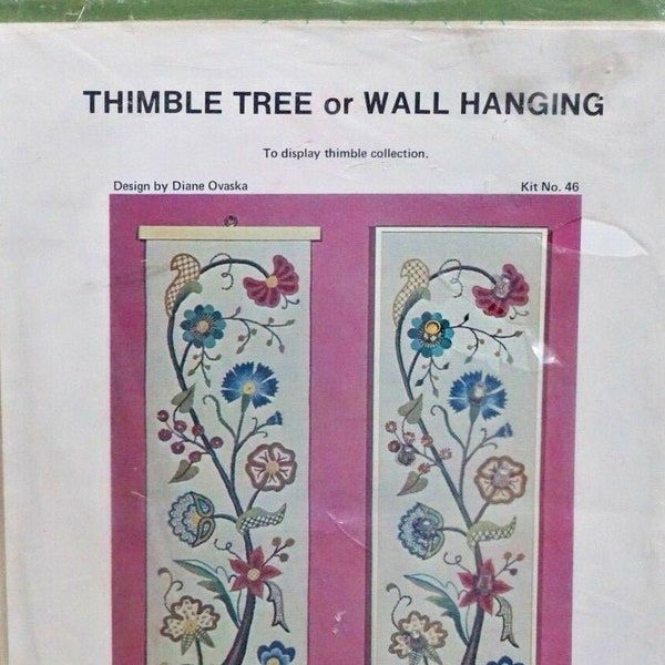 Thimble Tree or Wall Hanging, crewel embroidery kit, floral, flowers, colorful, Custom House, Diane Ovaska, linen, wool yarn, vintage, new