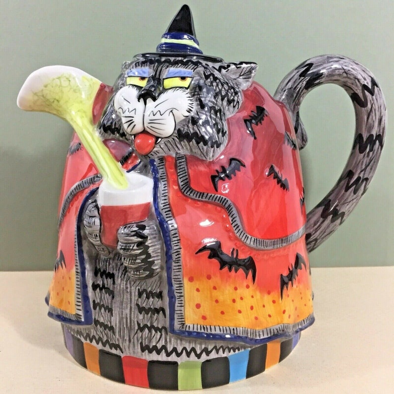 Kitty Witches Pitcher, Fitz and Floyd , Halloween, cat, witch, witch hat, bats, cape, collectable, ceramic, holiday, decoration image 2