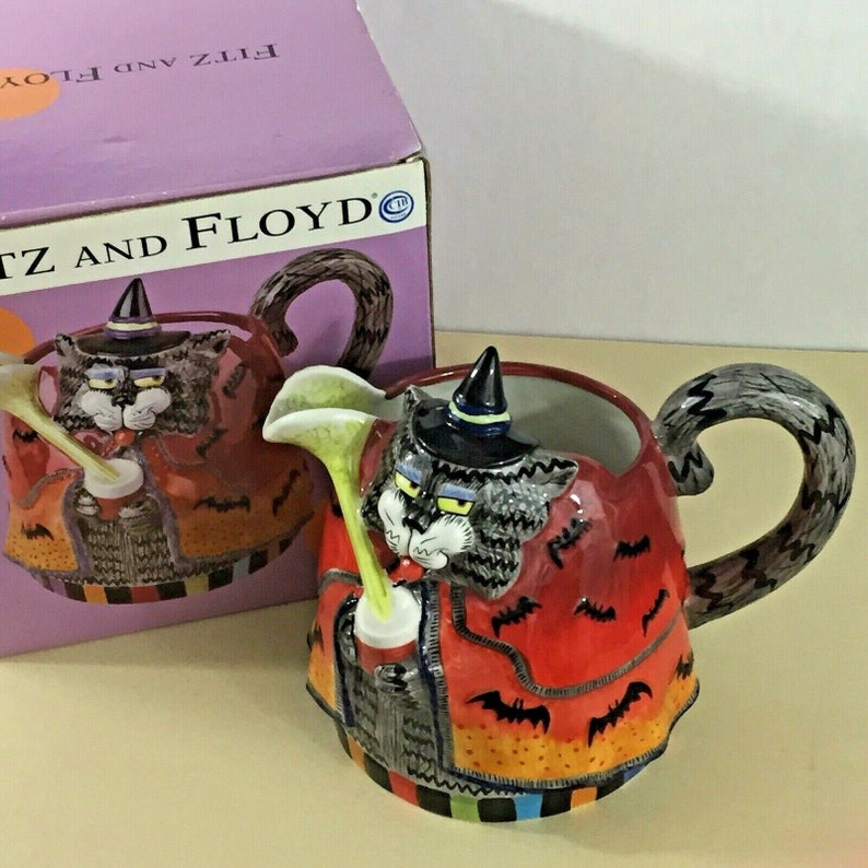 Kitty Witches Pitcher, Fitz and Floyd , Halloween, cat, witch, witch hat, bats, cape, collectable, ceramic, holiday, decoration image 1