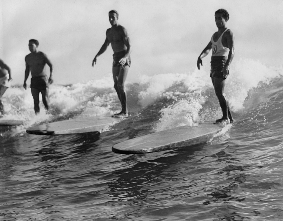 Hawaiians Surfing Waikiki, Hawaii (Black and White Historical Photograph, Giclée Print)