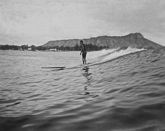 Waikiki Surfer, Oahu, Hawaii (Black and White Historical Photograph, Giclée Print)
