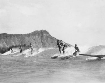 Party Wave! Surfers Share a Wave, Waikiki Oahu - Vintage Hawaii black and white photo print