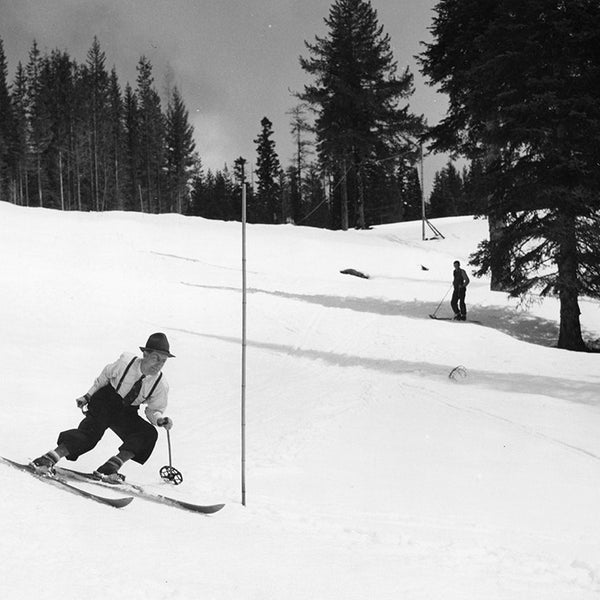 Man in Tie Skiing, Oregon, 1940s (Black and White Historical Photograph, Giclée Print)