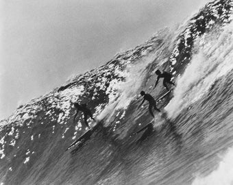 Three Surf Legends Share a Giant Makaha Wave (Black and White Historical Photograph, Giclée Print)