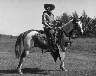 Paniolo (Hawaiian Cowboy) on Horseback, Hawaii (Black and White Historical Photograph, Giclée Print)