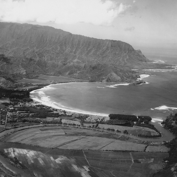 Hanalei Bay, Kauai 1920s - Taro Patches and Empty Waves - Vintage Hawaii black and white photo print