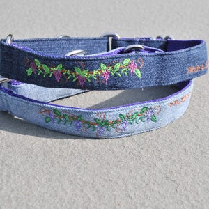 Pitch&#39;s Stitches Grapevine Embroidered on Repurposed Demin, Custom Dog Collar available as Buckle Collar or Martingale Collar