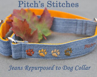 Jeans Re-purposed into Denim Dog Collar Embroidered with Paws Custom Made for your Puppy, Small or Large Dog as Buckle or Martingale Collar