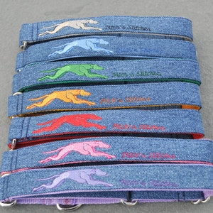 Martingale Greyhound / Sight hound Embroidered on Re-purposed Denim Dog Collar Custom Made in a Variety of Colors and Sizes, Eco-Friendly