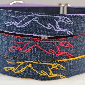 Greyhound Collar Embroidered on Recycled Demin, Custom Dog Collar available as Martingale Collar