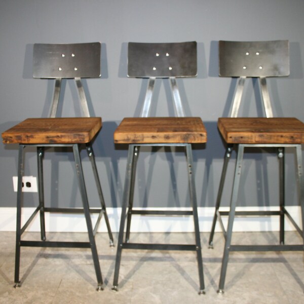 Set of 3 Reclaimed Urban Wood Industrial Bar Stool w/ Steel Back - FAST SHIPPING - Industrial Modern