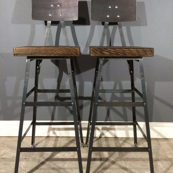 Set of 2 Reclaimed Urban Wood Industrial Bar Stool w/ Steel Back - FAST SHIPPING - Industrial Modern