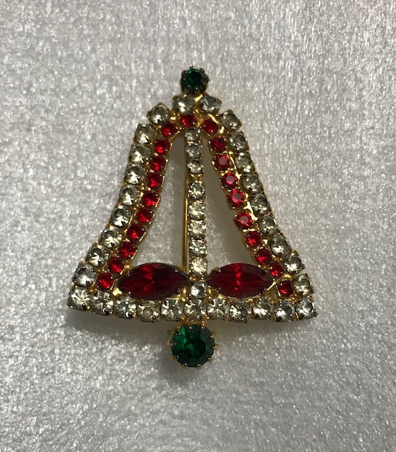 Vintage Christmas bell pin; prong set rhinestones - image 1