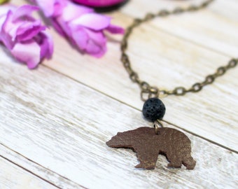 Essential Oil Necklace, Bear Necklace, Boho Necklace, Bohemian Diffuser Necklace, Aromatherapy, Boho, Faux Leather, Mama Bear