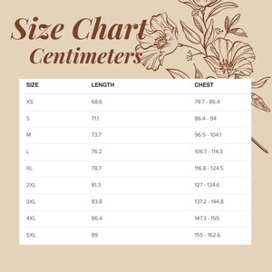 May include: A size chart in centimeters for clothing, with measurements for length and chest. Sizes range from XS to 5XL. The chart is displayed on a beige background with floral illustrations.