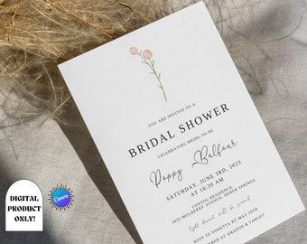 PINK | floral minimalist bridal shower invite, elegant wedding shower invitation, digital template, watercolor flower design