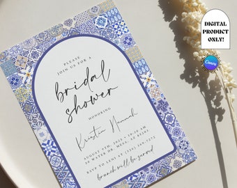 POSITANO | mediterranean bridal shower invitation for summer wedding, customizable canva template, blue tile design