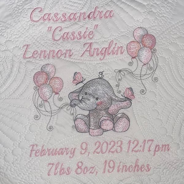 Personalized Heirloom Baby Quilt with Named, Birth Stats, Elephant and Balloons , Birth Statistic Announcement Blanket, Baby Keepsake