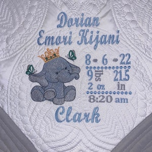 Personalized Heirloom Baby Quilt with Named, Birth Stats, Elephant, Birth Statistic Announcement Blanket, Baby Keepsake