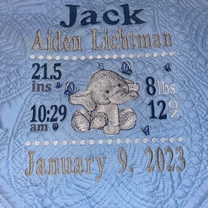 Personalized Heirloom Baby Quilt with Named, Birth Stats, Elephant, Birth Statistic Announcement Blanket, Baby Keepsake