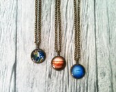 Planet space necklace pendant bronze delicate glass cabochon universe galaxy constellation solar system geek