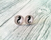 Sea horse earrings, glass cabochon 12mm stud earrings black and white seahorse