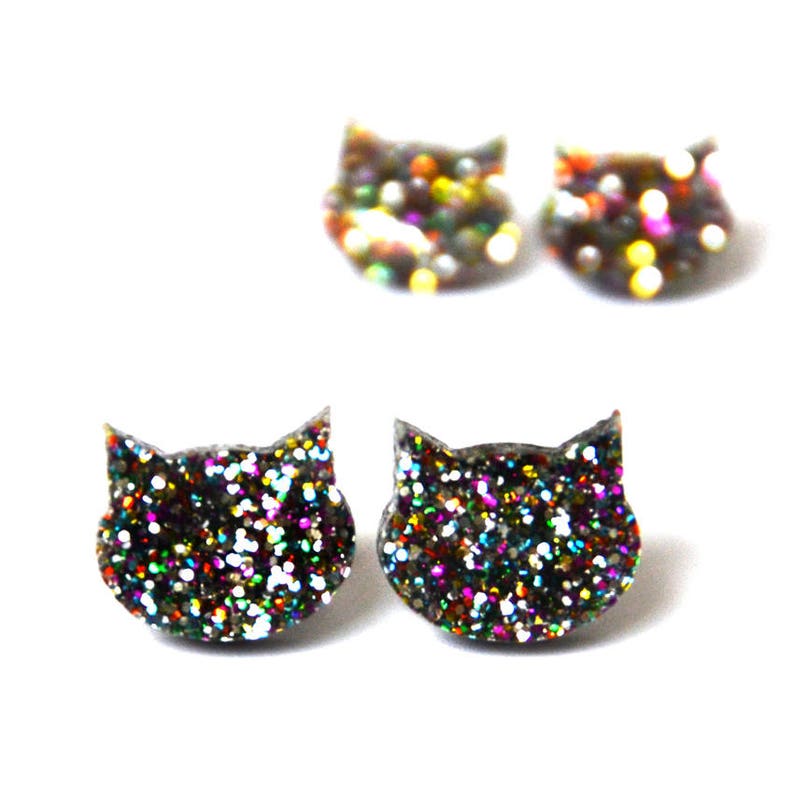 Glitter Cat Earring Cat Stud Earrings Cat Earrings Rainbow Glitter Cat Earrings Glitter Cat Earring Cat Lover Gift image 2