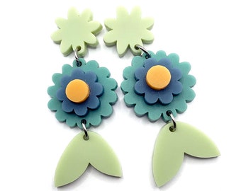 Flower Earring · Garden Party Earring · Flower Dangle Earring · Eucalyptus, Teal Flower · Matte Acrylic · Layered Acrylic · 16