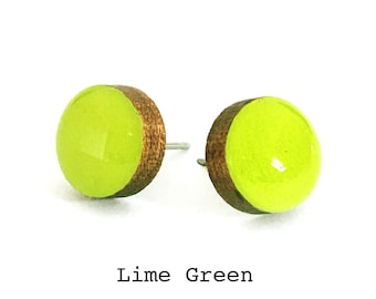 Lime Green Solid Colour Stud Earring · Yellow Green Stud Earring · Green Stud · Paint + Resin Stud · 3 sizes 8mm, 10mm & 13mm