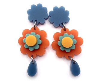 Flower Earring · Garden Party Earring · Flower Dangle Earring · Blue Honey Flower · Matte Acrylic · Layered Acrylic · 06