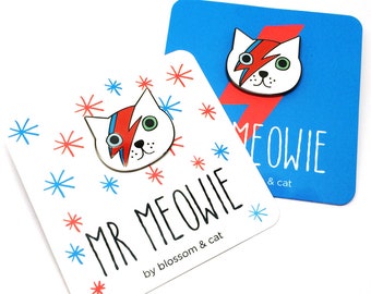 Enamel Cat Pin · Bowie Cat Brooch · Mr Meowie · Bowie Cat Pin · Bowie Cat Pin · David Meowie · Cat with Bolt · Lightning Cat · Cat Brooch