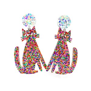 Cat Earrings · Pink Confetti Glitter Cat · Cat Dangle Earring · Pink Silver Cat Earring · Silver Cat Earring · Cat Lover Gift