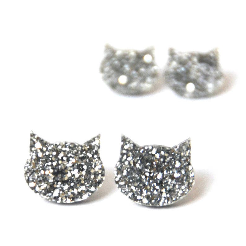 Glitter Cat Earring Cat Stud Earrings Cat Earrings Silver Cat Silver Glitter Cat Earrings Cat Lover Gift image 2