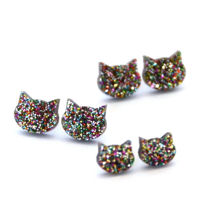 Glitter Cat Earring Cat Stud Earrings Cat Earrings Rainbow Glitter Cat Earrings Glitter Cat Earring Cat Lover Gift image 4