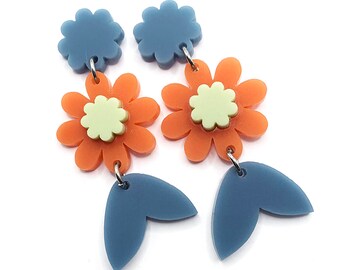 Flower Earring · Garden Party Earring · Flower Dangle Earring · Orange Blue Light Green Flower · Matte Acrylic · Layered Acrylic · 13