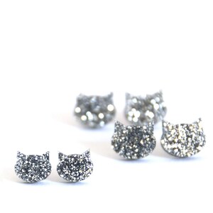 Glitter Cat Earring Cat Stud Earrings Cat Earrings Silver Cat Silver Glitter Cat Earrings Cat Lover Gift image 3